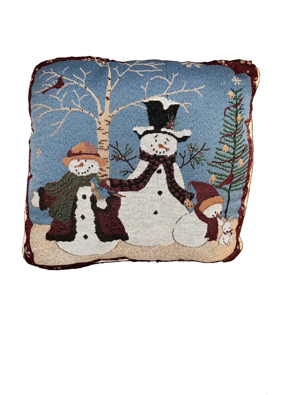 Vintage Snowman Tapestry Throw Pillow 10”x10x4”, holiday decor